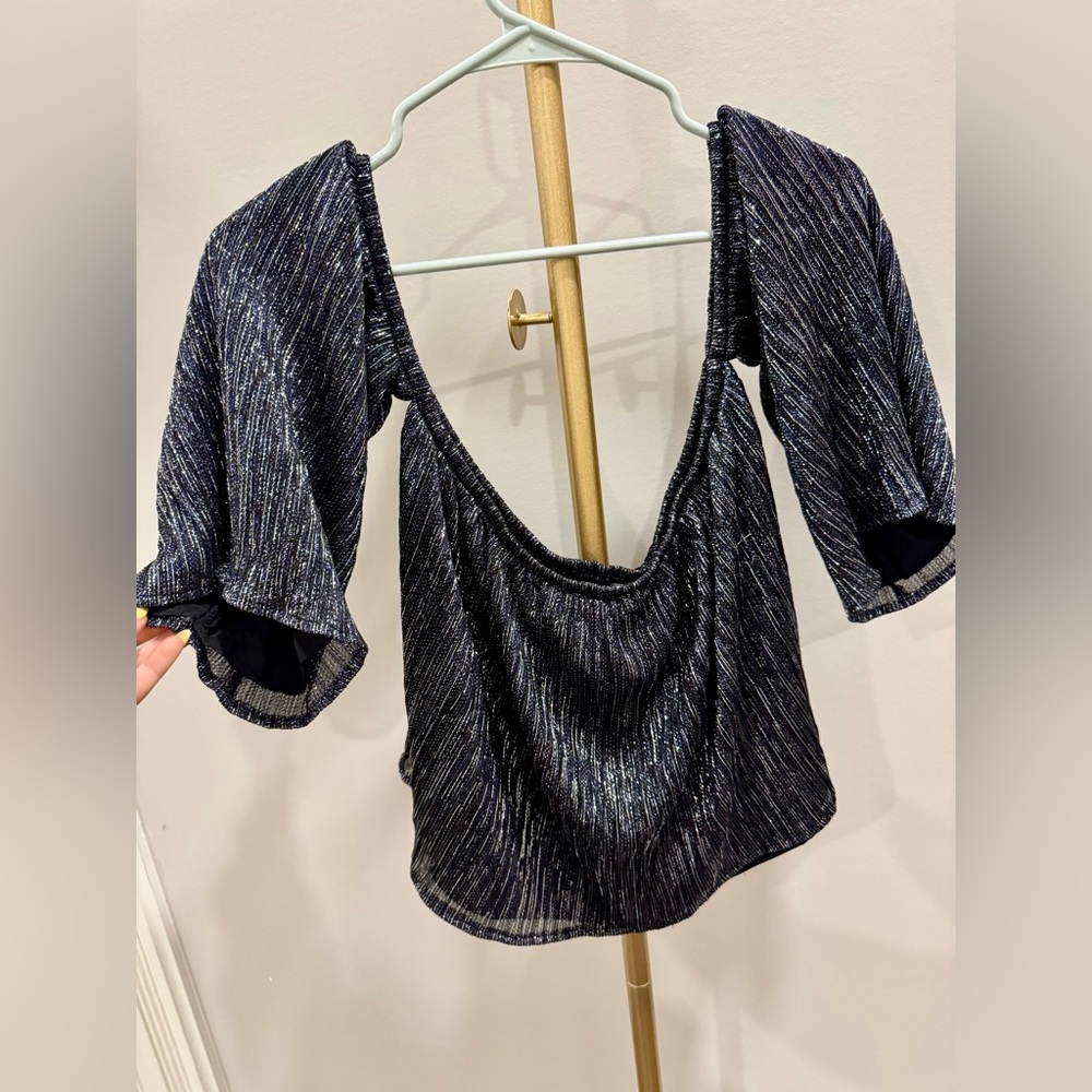 Backstage Black Metallic Off the Shoulder Crop Top, Size Small